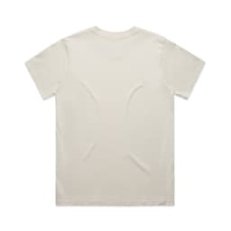 A light cream-coloured t-shirt with a classic design and short sleeves. It features a logo on the back.