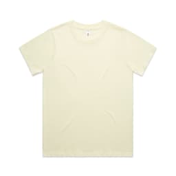 A light yellow t-shirt with short sleeves, featuring a rounded neckline and a small logo.