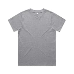 A plain grey T-shirt with short sleeves, featuring a tag inside the neckline and a logo on the hem.