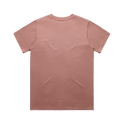 A plain, short-sleeved T-shirt in a muted pink hue, featuring a logo on the back.