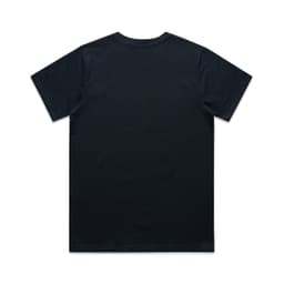 A black t-shirt featuring a simple design and a logo on the back.