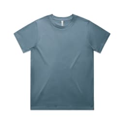 A classic T-shirt in a soft grey-blue colour, featuring a simple crew neck and short sleeves. It has a logo.