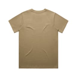 A beige T-shirt featuring a crew neck and short sleeves, with a logo present on the back.