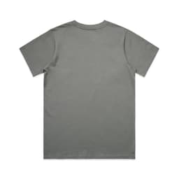 A grey T-shirt with a plain back, featuring a branding logo on the back neckline.