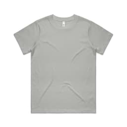 A light grey t-shirt with short sleeves and a crew neck. It features a logo on the inside label.