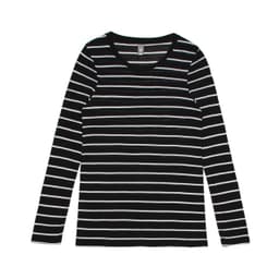 A long-sleeve tee in black and white stripes with a round neckline and a logo.