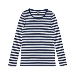 A long-sleeve tee featuring navy and white horizontal stripes. It has a crew neck and includes a branding logo.