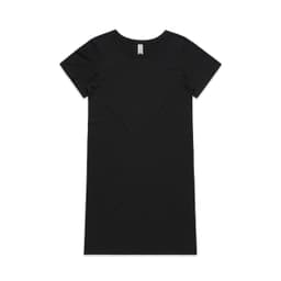 A black short sleeve dress displayed flat. The dress features a round neckline and a simple design. It includes a logo tag.