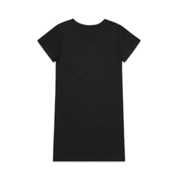 A black organic short-sleeve dress with a simple design and a round neckline, featuring a brand logo.