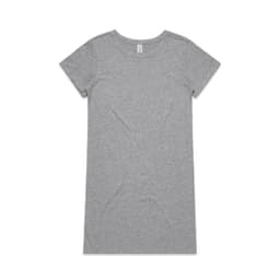 A grey organic short-sleeve dress with a simple, classic design and a logo.