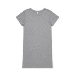 A grey short-sleeved dress with a simple, minimalist design and a branding logo on the label.