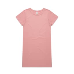 A pink organic short-sleeve dress with a simple, relaxed silhouette and a plain design. It has a brand logo label.