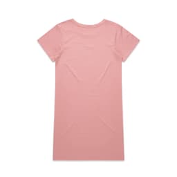A pink short-sleeved dress with a simple round neck and a plain back design. It features a logo at the neck.