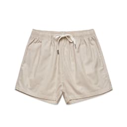 Beige dress shorts with an elastic waistband and drawstring, featuring a simple design and no visible branding.