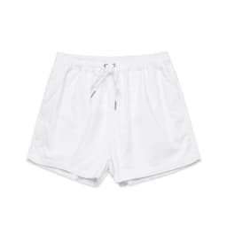 White dress shorts featuring an elastic waistband and drawstring, with side pockets and a branding logo.