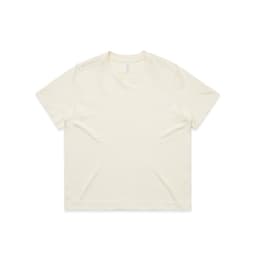A plain beige T-shirt with a classic crew neckline and short sleeves. It features a small logo.