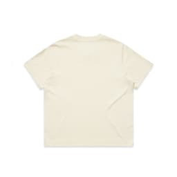 A cream-coloured, short-sleeved tee with a plain back, featuring a logo on the upper back.