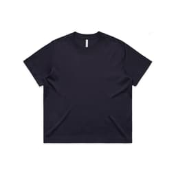 A navy blue box tee with a relaxed fit and short sleeves. The shirt features a simple design and has a logo.