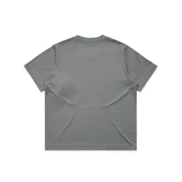 A grey, short-sleeved T-shirt featuring a plain back and a logo.