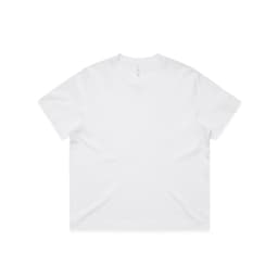 A plain white t-shirt with a relaxed fit, featuring a logo on the label.