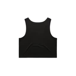 A black crop singlet featuring a simple, sleeveless design and a logo on the back.