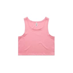 A pink crop singlet featuring a simple design and a tag label. The garment has no visible logos or branding.
