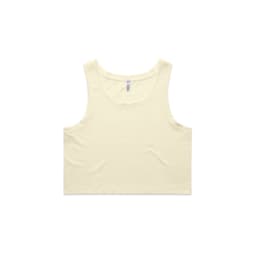 A light yellow crop singlet with a simple design and a logo on the label.