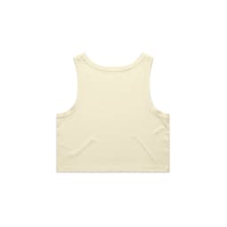 A pale yellow crop singlet featuring a simple design and a logo on the back.