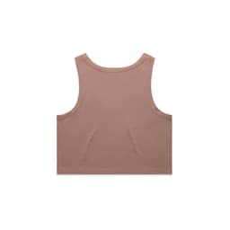 A cropped singlet in a muted brown colour with a simple design and a branding logo.