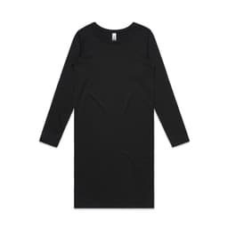 A long-sleeved dress in black, featuring a simple, straight design and a label at the neckline.