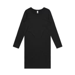 A black long-sleeve dress with a simple, sleek design and a tag featuring a logo.