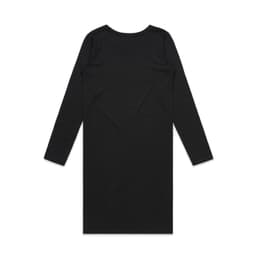 A black long-sleeved dress featuring a simple, fitted design and a back view. It has a logo present.