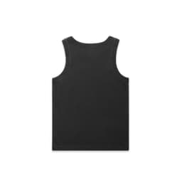 A black organic rib tank top featuring a simple design and sleeveless cut. It includes a logo on the back.