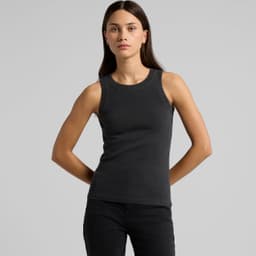 A fitted, black rib tank top with a round neckline and sleeveless design, featuring a small logo.
