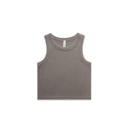 A faded olive green rib crop tank top featuring wide shoulder straps and a fitted design, with a logo.