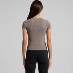 A fitted, faded organic rib tee in grey, featuring a crew neckline and short sleeves, with a logo on the back.