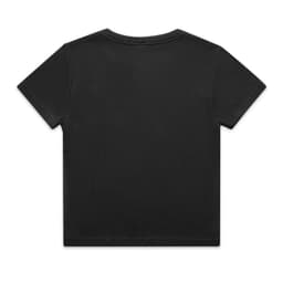A black ribbed T-shirt featuring short sleeves and a simple design. It has a logo on the back.