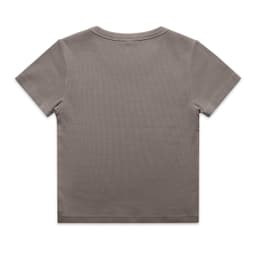 A grey organic ribbed t-shirt featuring a simple, minimalist design and a logo on the back.