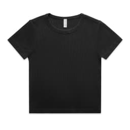 A black organic ribbed t-shirt with a round neckline and short sleeves. The shirt features a logo.
