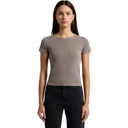 A fitted organic rib tee in a muted taupe colour, featuring short sleeves and a round neckline, shown on a model.