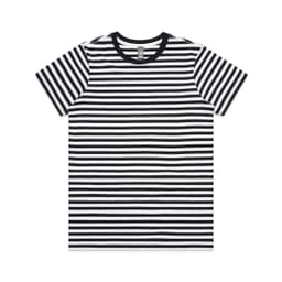 A black and white striped T-shirt featuring a crew neck and short sleeves, with a label inside.