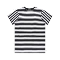 A black and white striped t-shirt with short sleeves and a crew neckline, featuring a logo on the back.