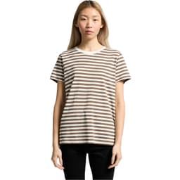 A striped tee in brown and cream, featuring a casual fit and short sleeves. The shirt includes a brand logo.