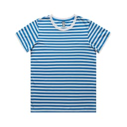 A striped blue and white T-shirt with a round neckline and a logo.