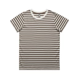 A striped t-shirt in brown and white, featuring a round neckline and short sleeves. It has a branding label on the neck.