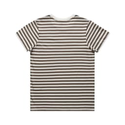 A striped t-shirt featuring a pattern of brown and white horizontal stripes, with a crew neck design and short sleeves.