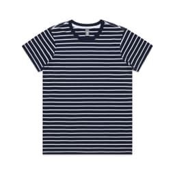 A navy blue and white striped T-shirt with short sleeves and a round neckline, featuring a logo.
