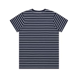 A navy and white striped T-shirt featuring a back view. Includes a branding logo.