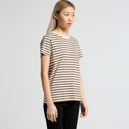 A striped T-shirt in brown and cream, featuring a casual fit and a logo on the front.