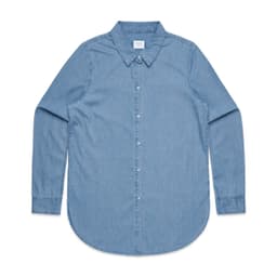 A blue denim button-up shirt with a collar, featuring long sleeves and a rounded hemline.